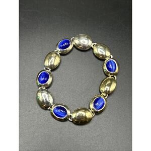 Vintage Blue & Gold Tone Link Bracelet Cats Eye Glass Sz 6.5 Magnetic Close